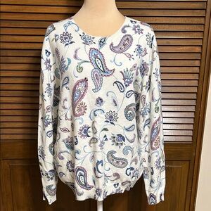 Alfred Dunner Off White/Blue/Purple Paisley Print Long Sleeve Top Sweater Size L